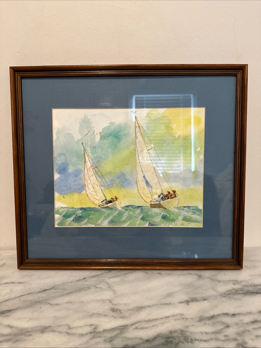 Original art Sailboat Watercolor Wall Art Blue Mat wood frame signed by artist